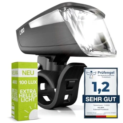 Immagine di VELMIA luce anteriore per bicicletta omologata StVZO con illuminazione particolarmente forte e durata 8,5 ore, LED bicicletta, resistente alla pioggia ricaricabile,
