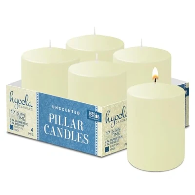 Immagine di Hyoola Candele Bianche Avorio Cilindriche Decorative a Colonna 5 x 7,5 cm Lunga Durata Senza Profumo Set da 4 Cilindro Made in EU