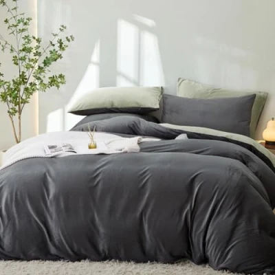 Immagine di Lanqinglv Set di biancheria da letto in flanella, 135 x 200 cm, verde, grigio, invernale, reversibile, con chiusura lampo e 1 federa 80 cm