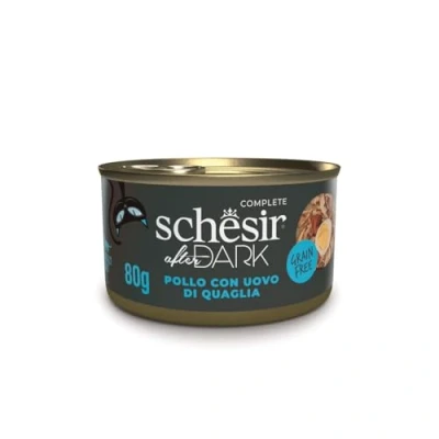Immagine di Schesir After Dark, Gusto Pollo con Uova di Quaglia in filetti, Cibo Umido Completo per Gatti Adulti (Lattine 12 da 80g)