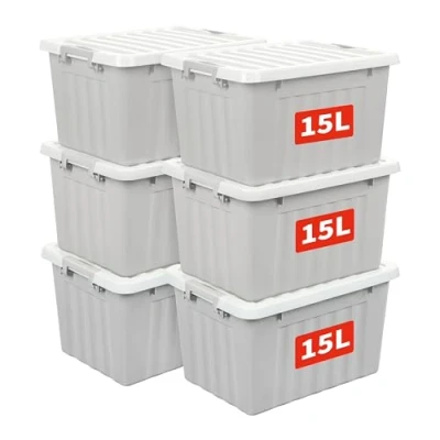 Immagine di Cetomo 15L* 6 Scatola portaoggetti in plastica grigia Tote Organizzatore Contenitore con coperchio durevole e fibbie di chiusura sicura, impilabile annidabile, confezione da 6, fibbia