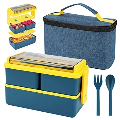 Immagine di yirochan Box da pranzo 1400 ml con 3 scomparti scatola bent a 2 strati borsa isolata e posate, per contenitori la preparazione dei pasti adulti bambini studenti (Blu)