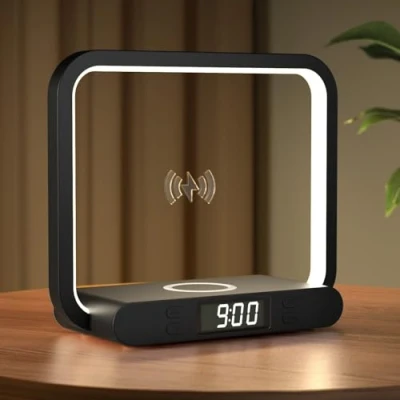 Immagine di VOSFEEL 4 in 1 Lampada da Comodino, Controllo Touch Tavolo, Scrivania con Porta USB &amp; Orologi, Adatto per Camera Letto, Studio, Ufficio (Nero, 15W)