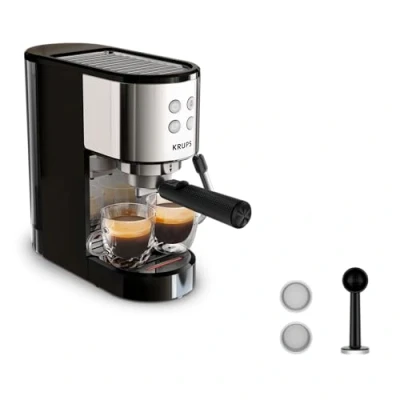 Immagine di Krups Virtuoso Essential XP441810 Macchina per caffè espresso in acciaio INOX, 15 bar, design sottile, pannello di controllo a 4 funzioni, con accessori barista, inox
