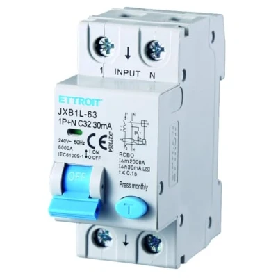 Immagine di Interruttore magnetotermico differenziale salvavita, 1P+N, occupa 2 moduli DIN, 220V 230V, 32A C32, 30mA, 6KA 6000A, RCBO, classe A