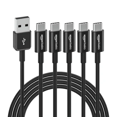 Immagine di Amazon Basics Confezione da 5 cavi USB C a 2.0 ricarica rapida, velocità 480 Mbps, certificazione IF, per Apple iPhone 15, iPad, Samsung Galaxy, tablet, laptop, 1.8 m, nero