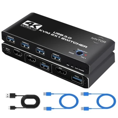 Immagine di IVIVTOR KVM Switch HDMI, 4K @60Hz USB per 2 Computer Condividono Tastiera, Mouse, Stampante e un Monitor HD, con Cavi HDMI