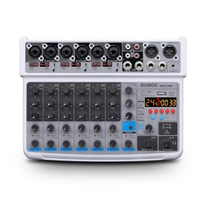 Immagine di BOMGE 8 channel mini audio Mixer Line ，DC 5V，with MP3 Player,Bluetooth, U disk 48V,24DSP effects, USB Recording Ideal for Small Clubs or Bars, Studio (8 channels WHITE)