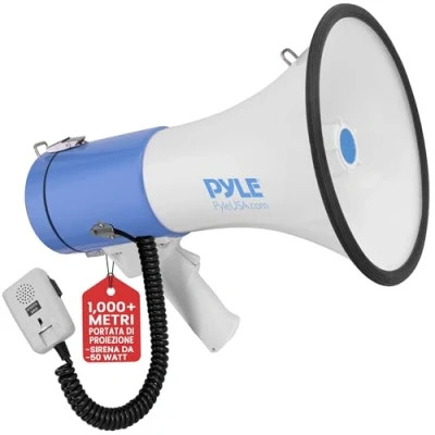 Immagine di Pyle Megafono con Sirena Integrata, Portatile 50 Watt, Controllo Volume Regolabile, Portata Fino a 1,097 Metri, Ideale per Sport, Calcio, Basket, Baseball, Fans e Allenatori Sicurezza