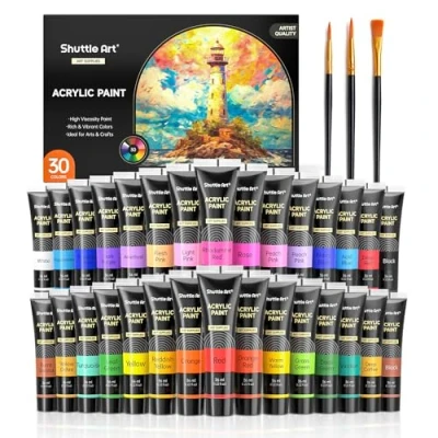 Immagine di Shuttle Art Colori Acrilici per Dipingere Set Pittura da 30 in tubi 36 ml Ottimo Pacchetto Artisti Principianti Bambini su Rocce Tela Legno Non Tossco e Ricchi Pigmenti