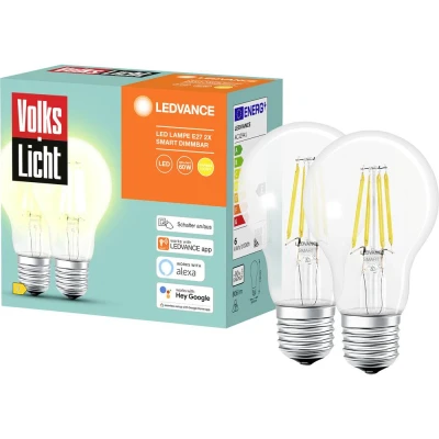 Immagine di LEDVANCE SMART+ ERP: E (A G) AC32941 2er BT FILAMENT CLASSIC DIMMABLE CLA60 E27 6 W Bianco caldo