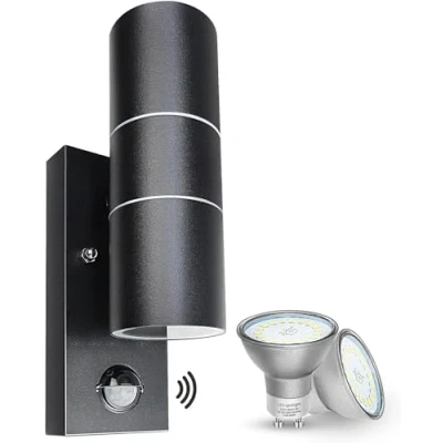 Immagine di Wondlumi Applique da Esterno/Interno LED con Sensore di Movimento GU10,Luce Calda 5W,Lampada Parete Esterno IP44 Up Down Faretto Moderno Nero per Scala,Corridoio,Balcone,Villa Bagno