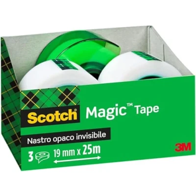 Immagine di Scotch Magic Type, Nastro Adesivo Invisibile, Finitura Opaca, 3 Rotoli, 19 mm x 25 m + 1 Dispenser portatile GRATIS Trasparente Opaco e Scrivibile Ottimo per Casa, Ufficio Scuola