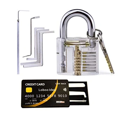Immagine di Loboo Idea Lucchetto trasparente per esercitarsi con 10 strumenti grimaldelli da fabbro, include 5 chiavi di tensione fabbri, kit la raccolta delle serrature carta