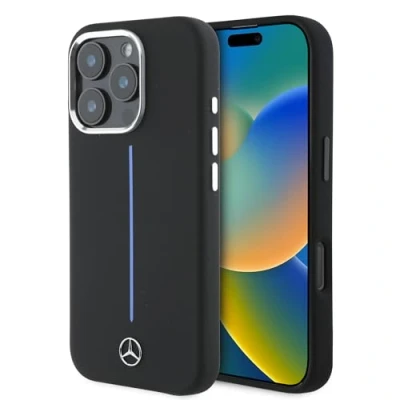 Immagine di CG MOBILE Mercedes Benz HC Custodia per iPhone 16 Pro, resistente, antiurto, compatibile con Magsafe, in silicone motivo a righe blu, colore nero