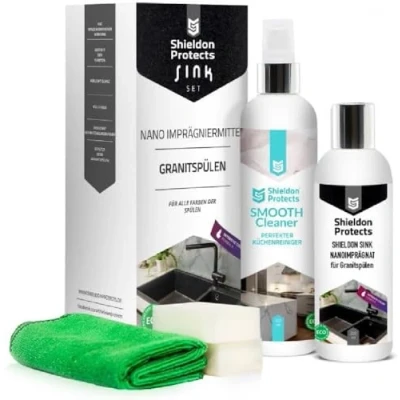 Immagine di Shieldon Protects Set di 2 Detergente (250ml) e impregnante (200ml) per lavello Granito, Blanco, Silgranit, Fragranite Protezione Cura Lavelli in Granito Pulizia Nero