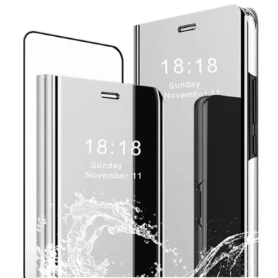 Immagine di MLOTECH Cover per Huawei P30 Lite Custodia + Vetro temperato Flip Traslucido Clear View Specchio Standing Anti Shock Placcatura Argento