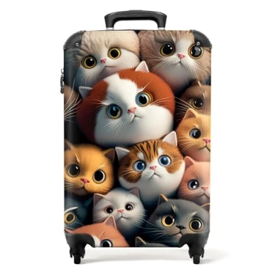 Immagine di NoBoringSuitcases.com® Valigie Bagaglio a mano Trolley Valigia rotelle piccola con 4 ruote Gatto Design Marrone Grigio Bambini di bordo