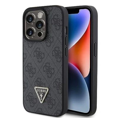 Immagine di CG MOBILE Guess Custodia in pelle PU con triangolo strass 4G e logo triangolare per iPhone 15 Pro (nero)