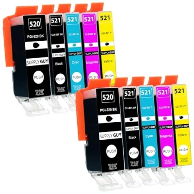 Immagine di Supply Guy 10 cartucce per stampanti con chip compatibile Canon PGI 520 CLI 521 Pixma IP3600 IP4600 IP4600X IP4700 MP540 MP550 MP560 MP620 MP630 MP640 MP640R MP980 MP990 MX860 MX870