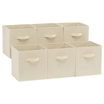 Immagine di Amazon Basics Cubo/organizer portaoggetti pieghevole in tessuto, con maniglia, 26.67 x 27.94 cm, (confezione da 6), Beige, Tinta Unita