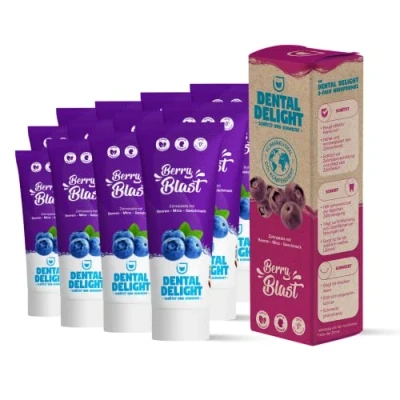 Immagine di DENTAL DELIGHT Dentifricio Berry Blast Gusto a menta ai mirtilli Vincitore del Premio Ökotest, Punteggio Ottimo Neutro per il clima, Ecologico, Vegano, Zero Microplastica Set da 12 Tubi