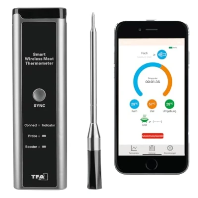Immagine di TFA Dostmann cucina termometro da carne senza fili SMART BBQ, 14.1515.10, 70 m, per barbecue, forno, friggitrice ad aria calda, lavabile in lavastoviglie, alimenti, Chef, grigio