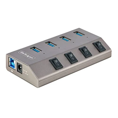 Immagine di StarTech.com HUB USB C Autoalimentato a 4 Porte con Interruttori Individuali Multipresa 3.0 5Gbps per Laptop/Desktop C/A Ciabatta Type BC 1.2 Alimentatore (5G4AIBS EU)