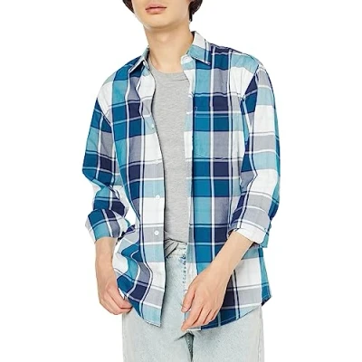Immagine di Amazon Essentials Camicia Casual in Popeline a Maniche Lunghe Vestibilità Regular Uomo, Foglia Di Tè Blu Marino Motivo Quadri Grandi, L