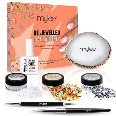 Immagine di Mylee Be Jeweled Kit per Nail Art Pennello di precisione, Penna punteggiare unghie, Tavolozza mescolare lo smalto gel, Builder Gel Trasparente 5 in 1, Foglia d&#039;oro, Gemme e Perle assortite
