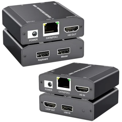 Immagine di YOUTINGHDAV HDMI USB KVM Extender, Lossless Latency Extender over IP Ethernet up to 150M via CAT6 / CAT5e, Plug and Play, Support 1080P@60Hz, Loop Out, POE, Mouse Keyboard Remote Control