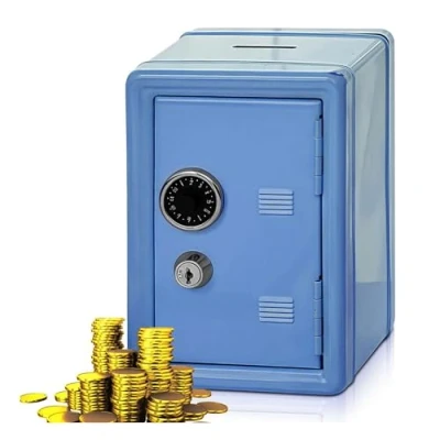 Immagine di salvadanaio a forma di con scomparto per denaro, mini cassaforte, in metallo, 2 chiavi, risparmio altezza 18 cm, lunghezza 12 larghezza 9,5 cassa