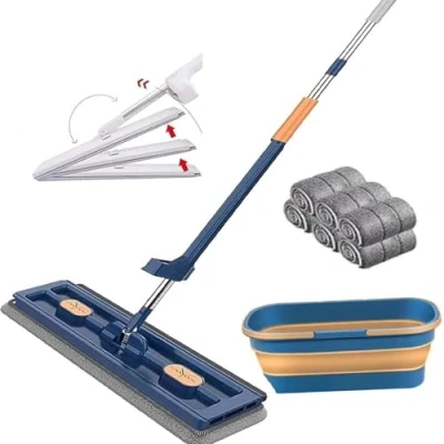 Immagine di ZHKVAG Streamline Mop, 2024 New Upgrade Style Large Flat Mop with Bucket, Strealinem 6 Microfiber Pads, 360 Rotating Wet And Dry Use Dust Hand Wash Free (Blue)