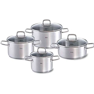 Immagine di Fissler Viseo Set di pentole in acciaio inox, 4 pezzi, con coperchio vetro, per cottura a induzione e tutti i tipi fornelli, 3 pentole, 1 rostiera