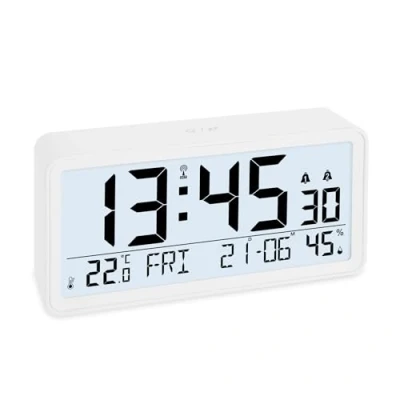 Immagine di ADE sveglia digitale radiocontrollata con cifre XXL Orologio da tavolo calendario visualizzazione della temperatura e dell&#039;umidità 2 orari di funzione snooze bianco