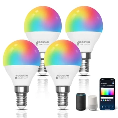 Immagine di Aigostar Lampadine Alexa, Wifi G45 E14 6.5W, Lampadina Smart RGBCW Compatibile con Alexa/Google Home, Nessun Hub Richiesto. Funzionamento a Distanza, Controllo Vocale, 4 Unità.