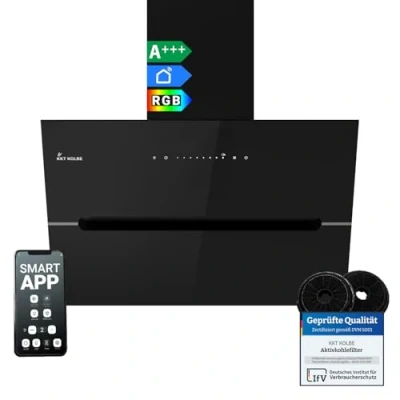 Immagine di KKT KOLBE Cappa aspirante 60 cm 782 cbm/h di convezione dell&#039;aria scarico senza testa da parete in vetro nero Smart WiFi App Wi Fi RGBW Illuminazione LED ECCO6005SM