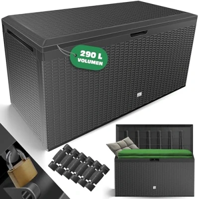 Immagine di KESSER® Box portacuscini Baule Contenitore per cuscini da 290 litri con rotelle, coperchio ribaltabile, impugnature, effetto rattan, giardino resistente alle intemperie, antracite