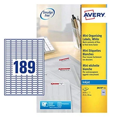 Immagine di Avery J 8658 25 Mini etichette Per stampante a getto d&#039;inchiostro, 24,4 x 10 mm, etichette, 189 foglio A4, fogli