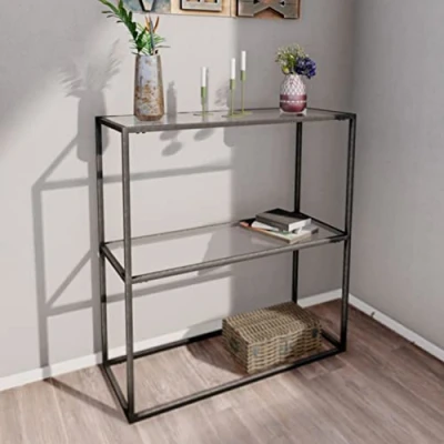 Immagine di [en.casa] Tavolo a Consolle per Ingresso 85 x 80 30 cm Corridoio Alto e Stretto con 2 Ripiani in Vetro Temperato Trasparente Telaio Metallo Nero