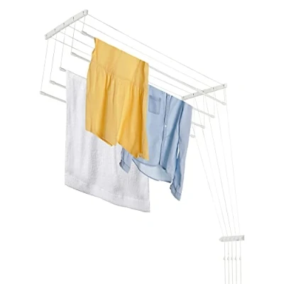 Immagine di KADAX Stendibiancheria da Soffitto in Acciaio Rivestito Polietilene, Stendino con Design Salvaspazio e Capacità di Carico 10 kg (Bianco, 5 x 100)