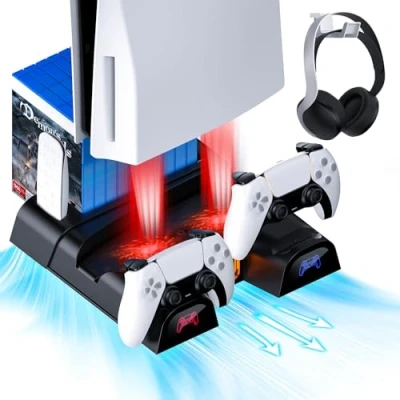 Immagine di NexiGo PS5 supporto verticale con per cuffie e adattatore CA, Disc &amp; Digital Editions, doppio controller caricabatterie, 3 livelli di velocità regolabile ventole, nero
