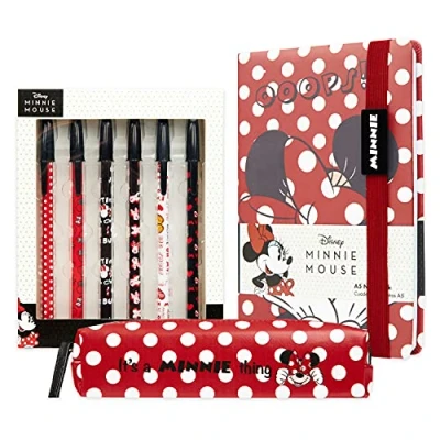 Immagine di Disney Set Cancelleria Notebook Quaderno A5 Astuccio e Penne Gadget Originale Minnie The Mandalorian IH oh Ufficio Scuola università (Rosso Minnie)
