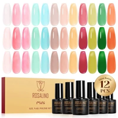 Immagine di ROSALIND Smalti Semipermanenti per Unghie Jelly, 12 Colori Rosa Verde Blu Marrone Rosso Jelly Smalto Semipermanente Trasparente, Soak Off Mini UV/LED Nail Art Manicure