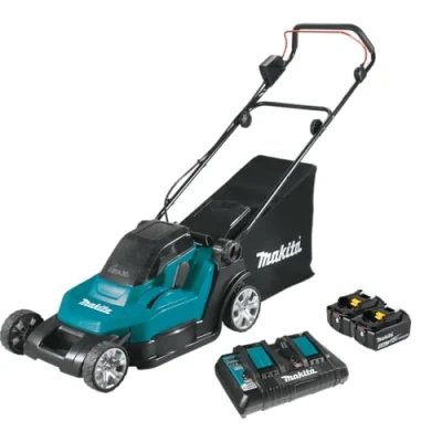 Immagine di Makita Akku Rasenmäher DLM432PT2 2x18V Set 2 Akkus 5,0Ah, Doppelladegerät a batteria Tagliaerba incl. seconda batteria, caricatore 18 V Larghezza di
