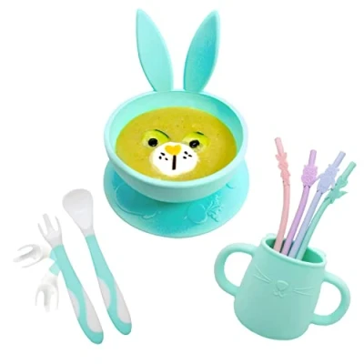 Immagine di Brunoko Ciotole per bambini con ventosa tazza e ciotola rosa Include 1 ciotola, tazza, forchetta/cucchiaio 4 cannucce Lavabile in lavastoviglie forno a microonde