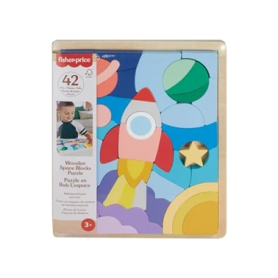Immagine di Fisher Price Puzzle dello Spazio in Legno, set da 42 blocchi impilabili legno per il riconoscimento delle forme e lo sviluppo dell&#039;immaginazione, giocattolo bambini, 3+ anni, HXY42