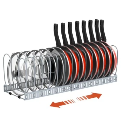 Immagine di Housolution Porta Pentole e Padelle, Espandibile Coperchi con 14 Scomparti Regolabili, Organizer Padelle per Cucina, Grigio