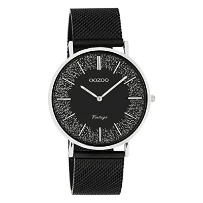 Immagine di Oozoo Orologio da donna vintage piatto con cinturino in metallo milanese acciaio inox glitter line elementi nel quadrante 40 mm, C20140 nero/nero, groß, Bracciale