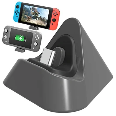 Immagine di FASTSNAIL Dock di Ricarica Compatibile con Nintendo Switch/Nintendo Switch Lite, Mini Supporto Portatile Docking Station Ricambio per Switch/Switch Lite Triangolare (Grigio)